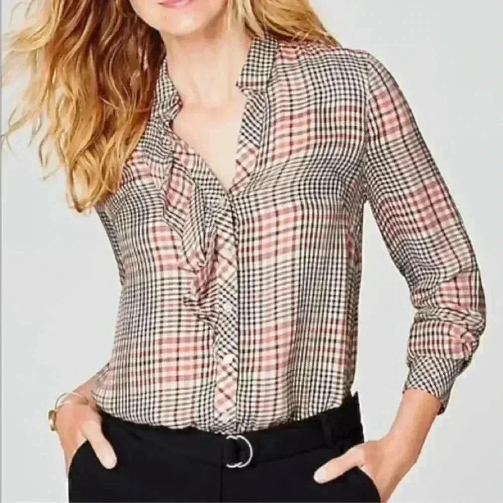 J.Jill Button Down Plaid Ruffle Top Blouse Size L
